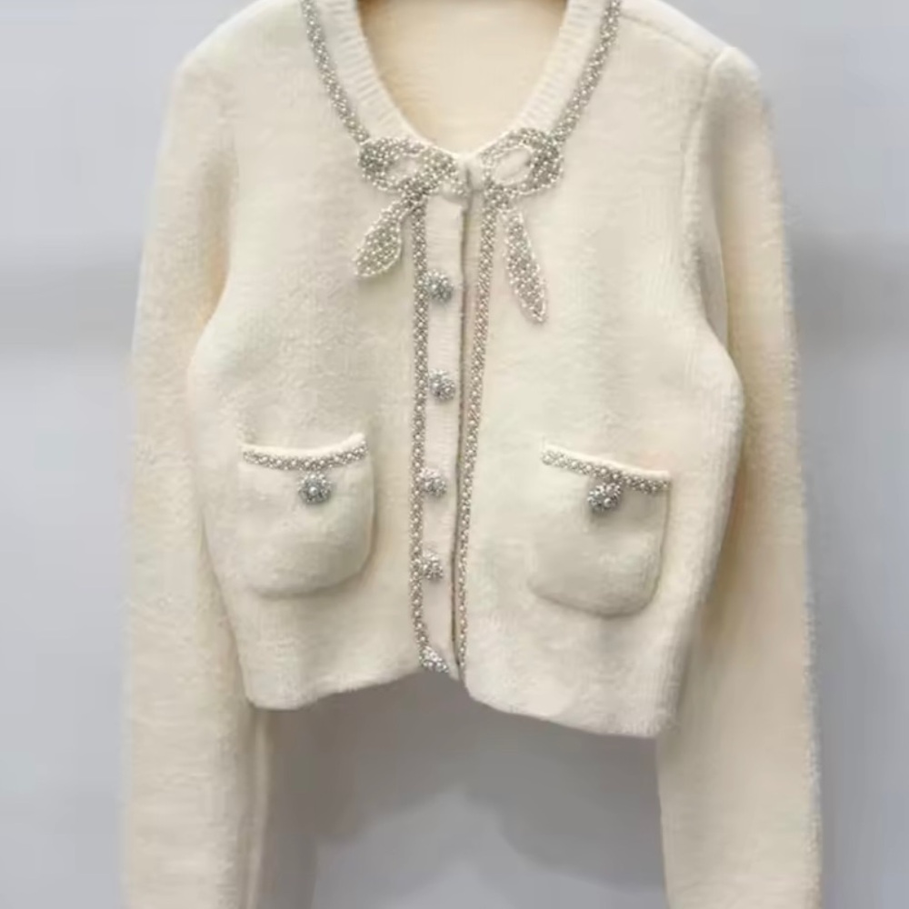 Self Portrait Embellished Soft Knit Bow Cardigan in Cream